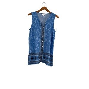 J. Jill Tank Top Sz M Blue Floral Buttons Rayon Tunic Boho Casual Vacation